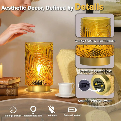 Cordless Battery Powered Table Lamp With LED Bulb And Timer Delivers A Lit Glow Leaf Veined Glass Nightlight In Soft Yellow With Gold Base