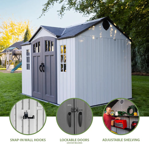 10x8 Ft Gray Resin Outdoor Storage Shed With Dual Entry Doors Weather Resistant Tool Shed Steel Reinforced Walls