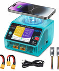 Dual Channel 650W Smart LiPo Battery Charger with Wireless Charging Panel, USB Output, cables, and adapter for RC devices