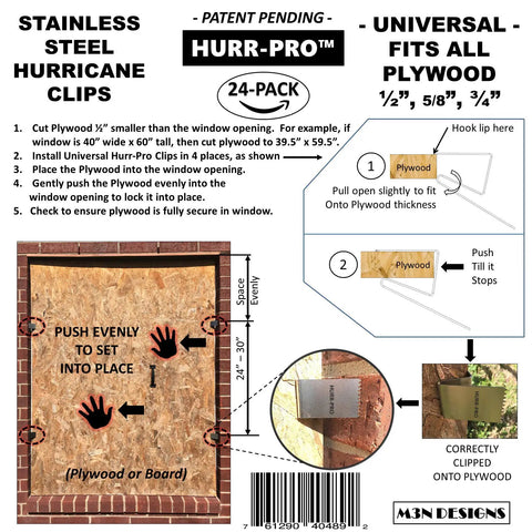Diagram showing Universal Stainless Steel Hurricane Window Clips for 1/2 to 3/4 inch plywood, patent pending design overview.