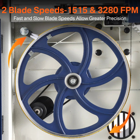 Close-up of Heavy Duty 10 Inch Bandsaw For Woodworking With 1/2 Hp Motor And Dual Speed Up To 3280 FPM showing dual blade speeds gear.