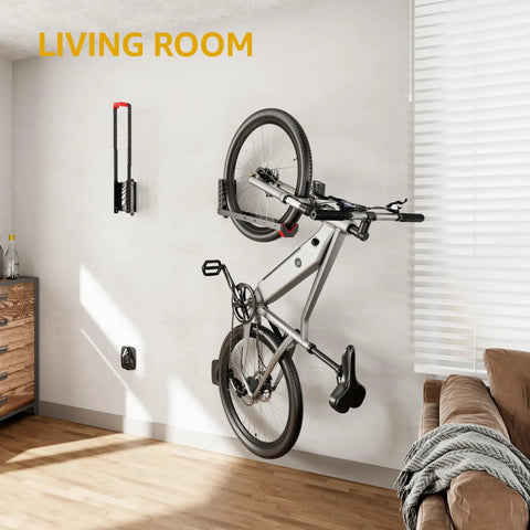 Swivel Bike Wall Mount No Heavy Lifting Required For Garage Hanger displayed with bike in modern living room.