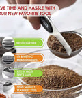 Magnetic Stainless Steel Measuring Spoons Set 8 Pieces with Leveler being used to measure spices, highlighting features.