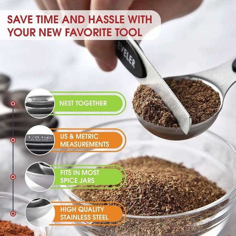 Magnetic Stainless Steel Measuring Spoons Set 8 Pieces with Leveler being used to measure spices, highlighting features.