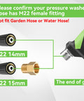 Diagram showing M22 14mm and 15mm fittings for pressure washer hose, with caution to not use garden or water hoses.