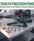 No Hassle Heavy Duty Hydraulic Knockout Punch And Electrical Conduit Hole Cutter Kit With Six Die Sets Half To Two Inches 8 ton hydraulic punch with multiple die sizes on metal work table.