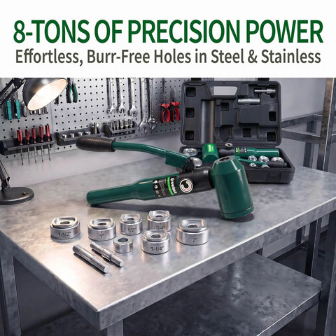 No Hassle Heavy Duty Hydraulic Knockout Punch And Electrical Conduit Hole Cutter Kit With Six Die Sets Half To Two Inches 8 ton hydraulic punch with multiple die sizes on metal work table.