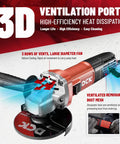 Beast 9 Amp Angle Grinder 4-1/2 Inch Electric Power Tool With 11,800 RPM, auxiliary handle, and ventilation ports for heat dissipation.