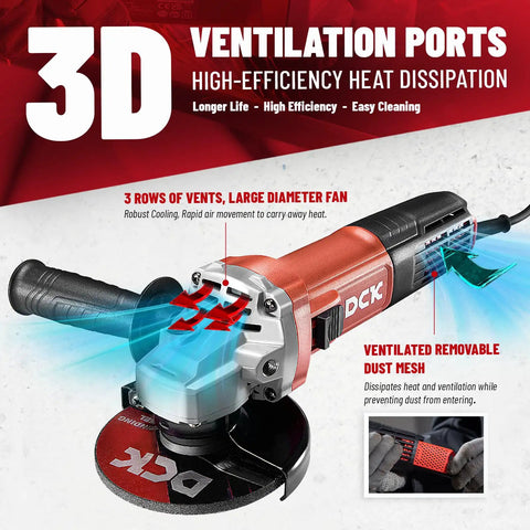 Beast 9 Amp Angle Grinder 4-1/2 Inch Electric Power Tool With 11,800 RPM, auxiliary handle, and ventilation ports for heat dissipation.