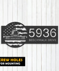 Personalized Farm Themed Metal Address Sign With US Flag Design And LED Lights Outdoor House Number Plaque Waterproof Wall Decor For Home Or Farm 6 Inch visible against wood background.