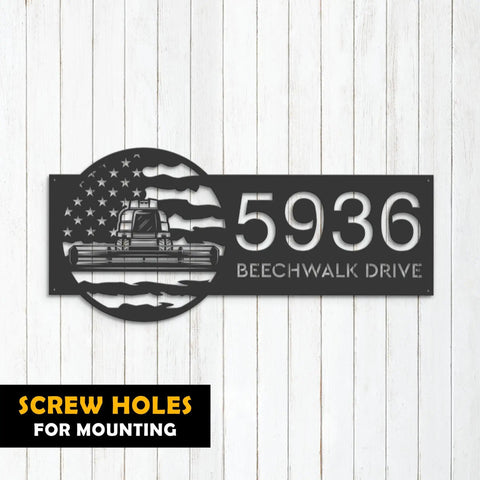 Personalized Farm Themed Metal Address Sign With US Flag Design And LED Lights Outdoor House Number Plaque Waterproof Wall Decor For Home Or Farm 6 Inch visible against wood background.