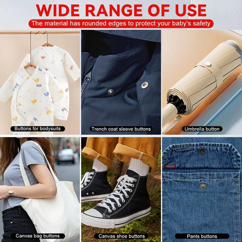 Image showing various uses of Metal Snap Button Kit With Pliers And Press Tool Pro Grade 9.5mm Snap Fasteners Set for clothing and fabrics.
