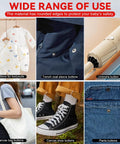 6-panel image showing use of 9.5mm Snap Fasteners Kit With Pliers, 100 Piece Hollow Multicolor Metal Buttons In Transparent Storage Box on clothing, bags, and accessories.