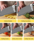 Crinkle cutter knife with stainless steel wavy blade; collage of potatoes, cucumbers, and carrots being sliced