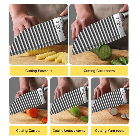 Crinkle cutter knife with stainless steel wavy blade; collage of potatoes, cucumbers, and carrots being sliced