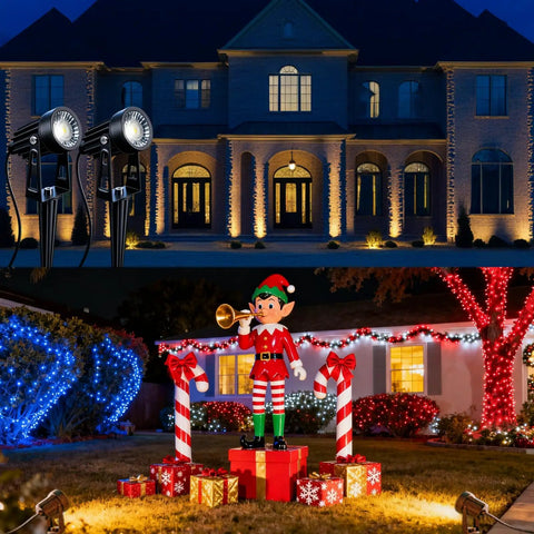 No Fuss All In One Low Voltage Landscape Lighting Kit With Dusk To Dawn illuminating a large house and festive yard display at night