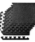 Interlocking Rubber Gym Floor Mats 20 Or 24 Sq Ft Heavy Duty Non Slip Tiles For Home Gym And Garage Protect Floors From Scratches Absorb Shock Durable Multipurpose Floor Tiles For Equipment shown with interlocking edges and grey speckled surface.