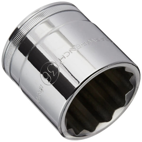 Half Inch Drive 12 Point 36mm Standard Socket for Auto Repair and DIY, chamfered for guiding fasteners, clear size markings.