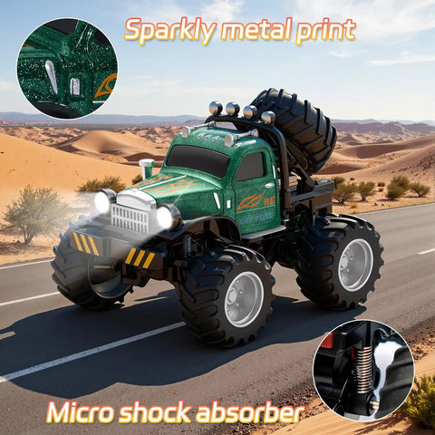 Green Mini 1 64 Scale RC Truck With Detachable Trailer 2.4GHz, showing sparkly metal finish and micro shock absorber, on desert road.