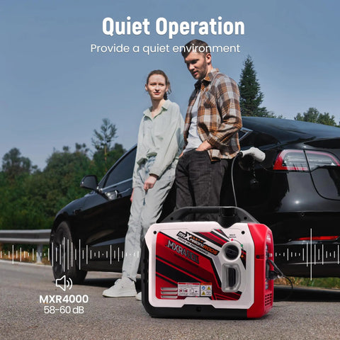 Hella Reliable 4000 Peak Watt Portable Inverter Generator Delivering 3200 Smooth Running Watts EPA Certified, compact design at a campsite.