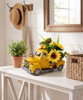 Metal Truck Decor With Sunflowers And Bees, Large Vintage Pickup Table Centerpiece on living room table next to plant