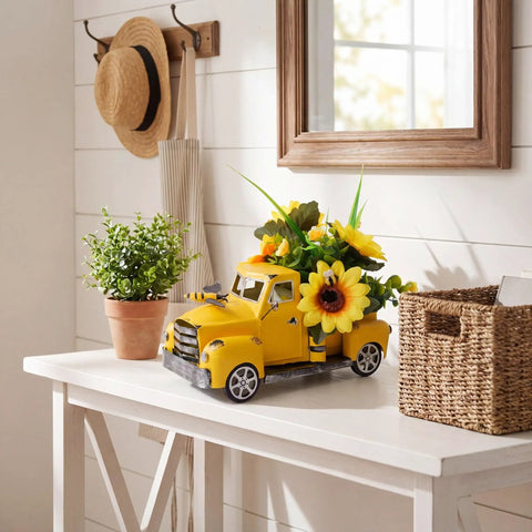 Metal Truck Decor With Sunflowers And Bees, Large Vintage Pickup Table Centerpiece on living room table next to plant