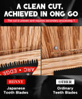 Comparison of Kickass Japanese Tooth Oscillating Tool Blades and ordinary blades showing clean cuts in wood.