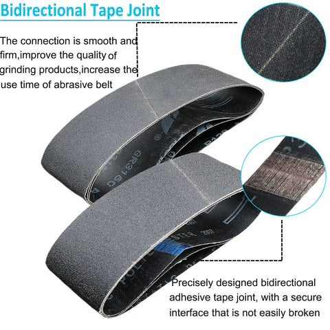 Beefed Up Six Pack 4x36 Inch Silicon Carbide Sanding Belts Set with bidirectional tape joint detail for durability.