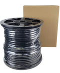 Half Inch Black Polyester Rope, Solid Braid Dacron Utility Cord, 250 Ft Spool shown with packaging, UV Resistant