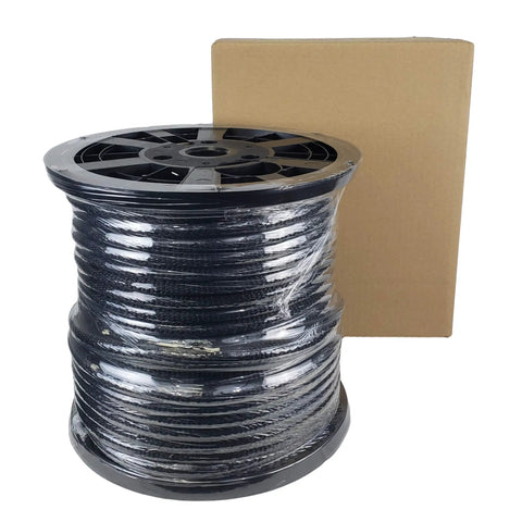 Half Inch Black Polyester Rope, Solid Braid Dacron Utility Cord, 250 Ft Spool shown with packaging, UV Resistant