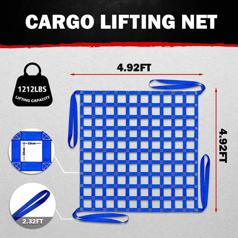 Heavy Duty Cargo Lifting Net 1212 Lbs 4.92x4.92 Ft With 10x10 Cm Mesh Polyester Hoist Net shown with dimensions in blue.