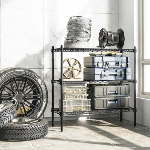 Rock Solid Three Tier Heavy Duty Wire Shelving System Featuring Adjustable Metal Storage Rack In Matte Black Finish Supporting Up To Three Hundred Fifty Pounds Per Shelf Smart Space Saving Design For Pantry Basement Top Shelf Home Organization