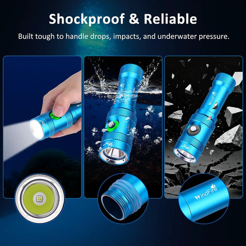 Ultra Bright Scuba Diving Light With 3 Modes And Power Indicator IP68 Waterproof Rechargeable Underwater Torch, blue, in use
