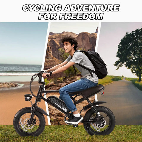 Teen riding Compact 16 Inch Fat Tire Electric Bike For Teens And Adults With 500W Motor 36V 12.8Ah Removable Battery triptych scenery