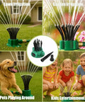 360 Degree Automatic Rotating Lawn Sprinkler with three quarter inch connector in use for pets and kids in gardens and lawns