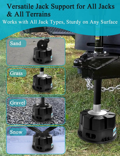 Heavy Duty 6 Inch Trailer Jack Blocks 4 Pack, versatile jack support on sand, grass, gravel, and snow for RV stability.
