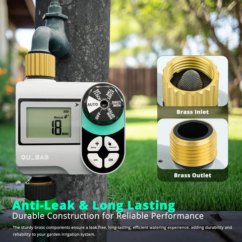 Programmable Sprinkler Timer With Brass Inlet And Outlet For Garden Hose Rain Delay Automatic And Manual Watering System Digital Drip Irrigation Timer For Yard And Lawn No Fuss Setup attached to pipe