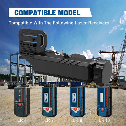 Universal Laser Receiver Bracket Clamp For LR6 LR7 LR8 LR10 Systems With Tool Free Mounting And Push Button Release, shown with LR6-LR10 receivers