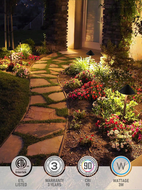 Low Voltage Landscape Path Light 3W 12-24V AC DC For Outdoors, Wired Pathway Lighting For Yard And Lawn, Vintage Golden Edge Design In Black Aluminum, 3000K Warm White, ETL CRI90 Plus Pack Of 4