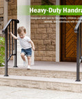 Child using Two Pack Heavy Duty Outdoor Stair Handrails, Wrought Iron Step Guards With Quick Mount Kit, Hella Sturdy Security Railing For Porch Deck And Concrete Entrance, Matte Black.