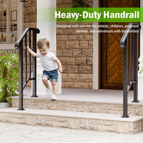 Child using Two Pack Heavy Duty Outdoor Stair Handrails, Wrought Iron Step Guards With Quick Mount Kit, Hella Sturdy Security Railing For Porch Deck And Concrete Entrance, Matte Black.