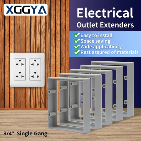 Image of a 3/4 inch single gang box extender kit with gray frames and mounting screws, designed for electrical outlet adjustments.
