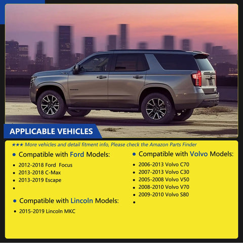 Vehicle chart showing compatibility with Ford Focus Escape C-Max and Lincoln MKC for Plug And Play Abs Wheel Speed Sensor 4 Piece Kit Front Rear Left Right Compatible With Ford Focus Escape Cm Max Volvo C30 S80 Mkc Lincoln No Drama Smooth Ride Fix.