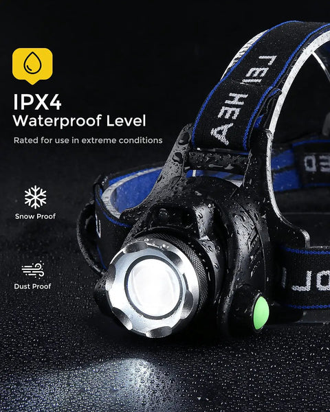 Beast USB Rechargeable Head Lamp With IPX4 Waterproof Build shown wet to highlight waterproof feature.