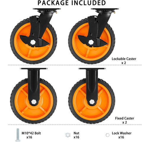 Eight Inch Heavy Duty Caster Wheels Set Of Four Featuring Never Flat Solid Rubber Tires With Knobby Treads, two lockable and two fixed.