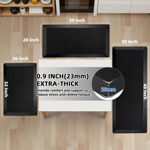 Top view of three Extra Thick Anti Fatigue Kitchen Mat Nine Tenths Inch Thick Cushioned Standing Desk Mat With Memory Foam