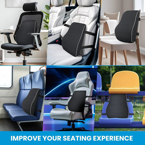 Comfortable Lumbar Support Pillow For Office Chair And Car With Mesh Cover And Double Adjustable Straps in various settings
