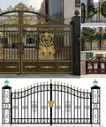 Collage of ornate wrought iron gates with decorative golden patterns and black designs on various properties.