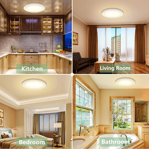 Two Pack Motion Sensor LED Ceiling Light installed in kitchen, living room, bedroom, and bathroom for versatile indoor use