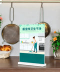 Clear Acrylic Sign Holder 4x6 Inches Three Pack T Shape Desktop Display Stand Double Sided Vertical Table Sign Holder showcasing a kitchen cleaning illustration.